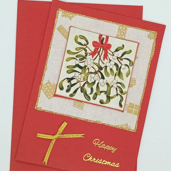 Mistletoe Fabric Christmas Card 297B