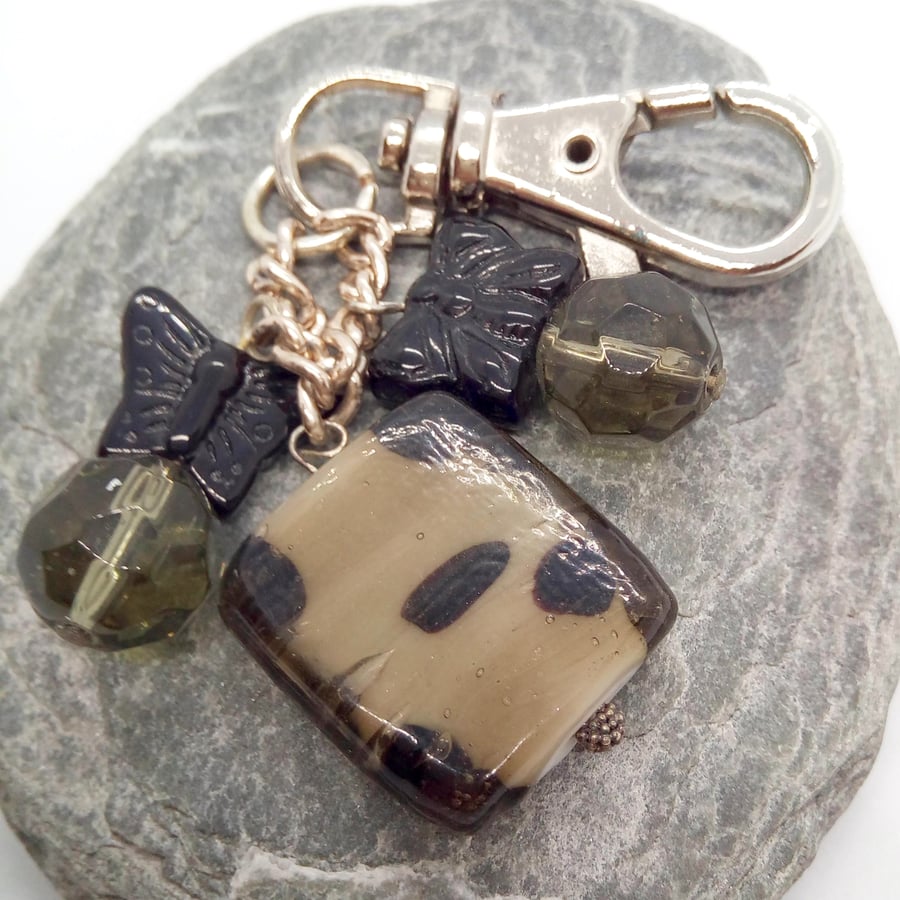 Black Butterfly and Glass Bead Silver Plated Hand Bag Charm, Teachers Gift