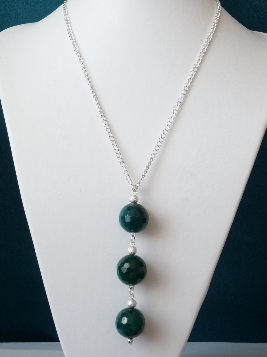 Emerald Green Agate 3 Ball Pendant Necklace - Genuine Gemstone 
