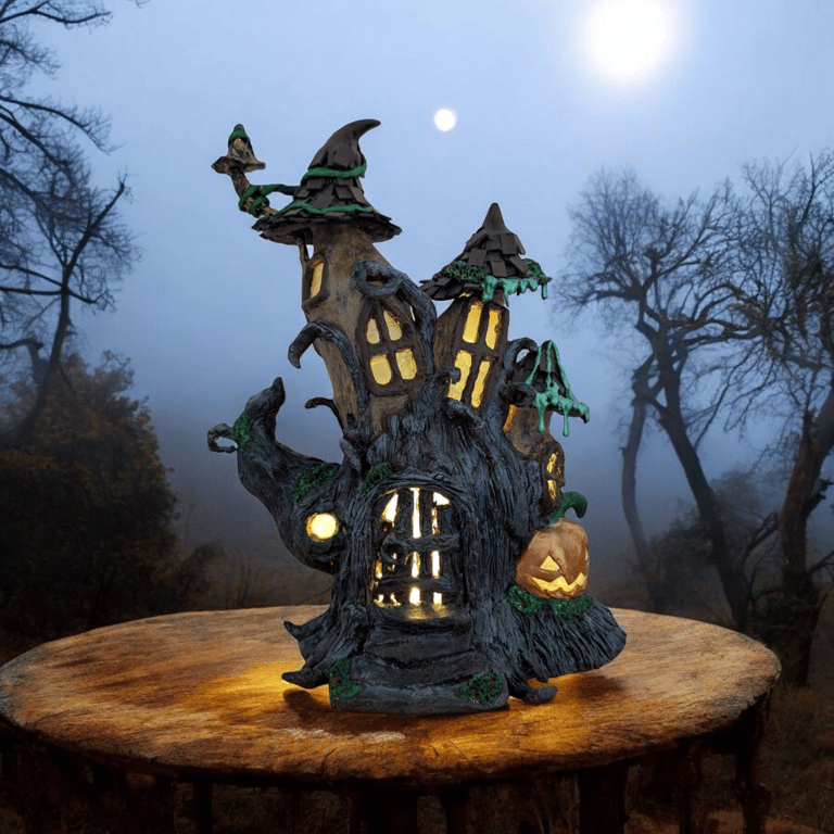 Spooky haunted tree house illuminated 