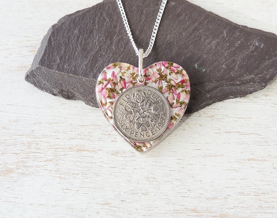 Sixpence and Flower Resin Heart Necklace - 1744