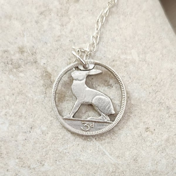 Upcycled hare pendant pierced from an Irish threepence coin