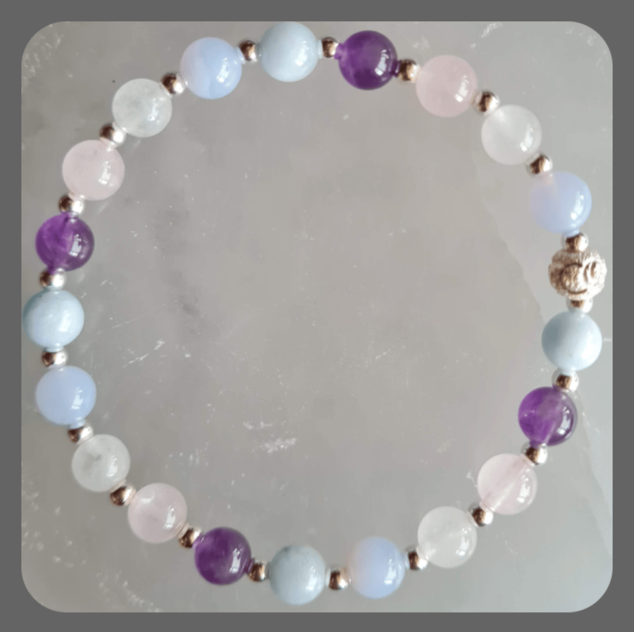 Rose Quartz, Crazy Lace Agate, Moonstone, Aquamarine, Amethyst bracelet