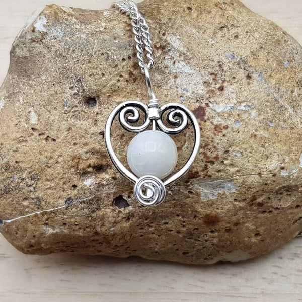 Moonstone heart Pendant. Crystal Reiki jewelry uk. June's Birthstone. White 10mm