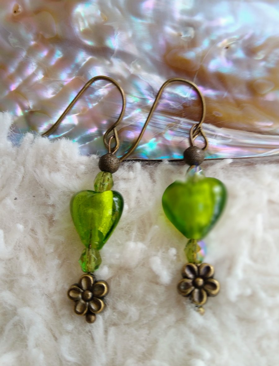 Foiled green lampwork heart bronze earrings