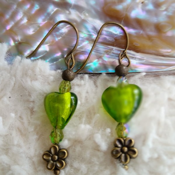 Foiled green lampwork heart bronze earrings