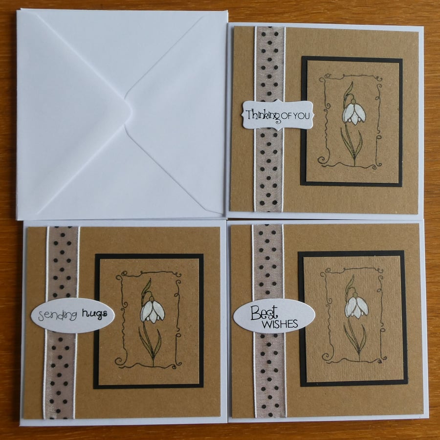 Pack of 3 snowdrop mini cards, thinking of you, best wishes, sending hugs