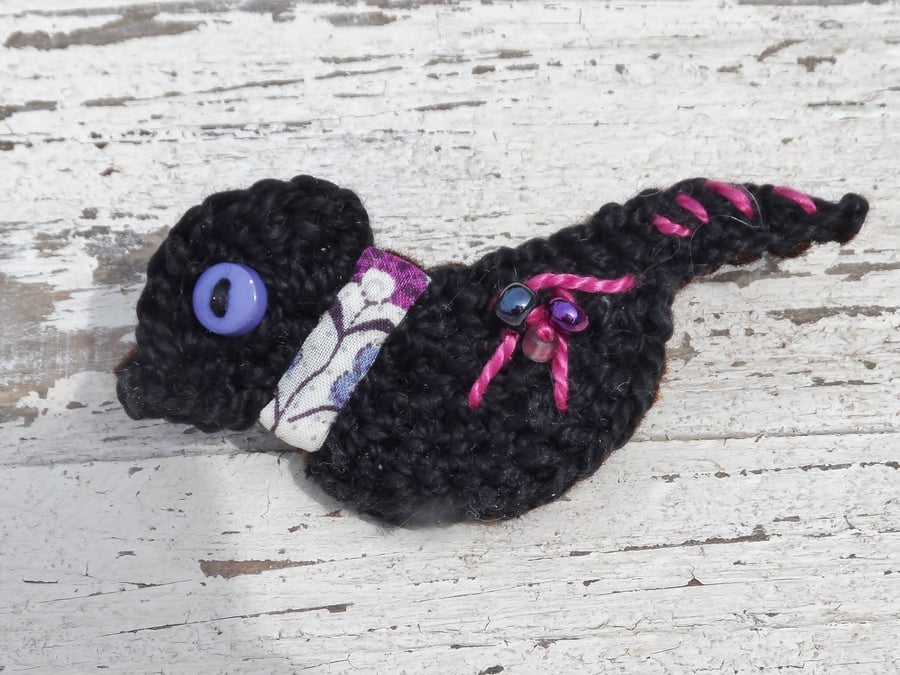 Bird Brooch. Crochet Sybil Bird in black with Liberty fabric scarf.