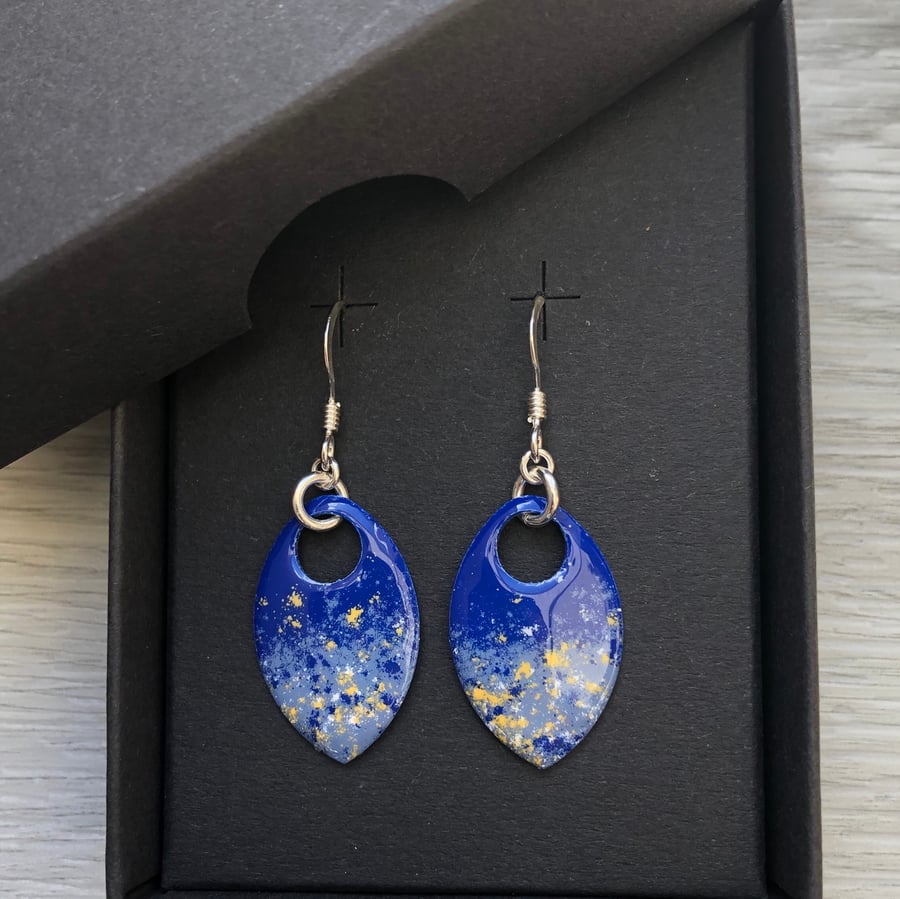Two tone blue and touch of yellow enamel scale earrings. Sterling silver. 