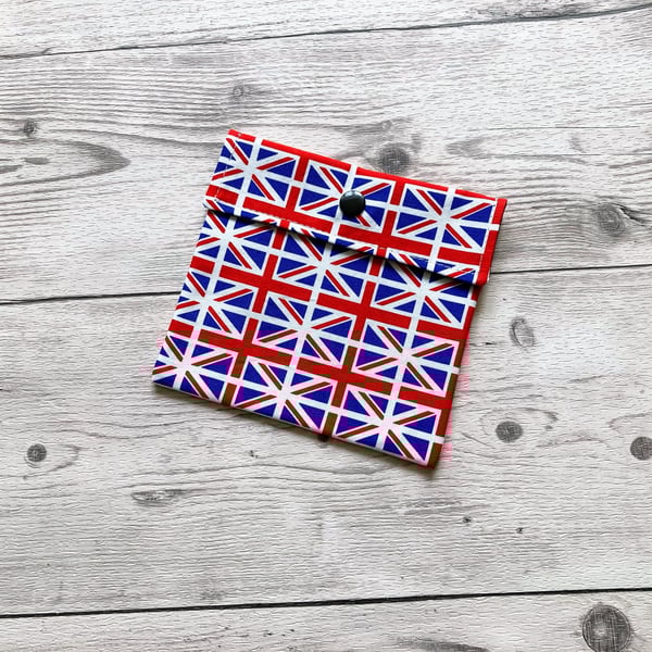 Great Britain Union Jack themed discreet sanitary fabric pouch.