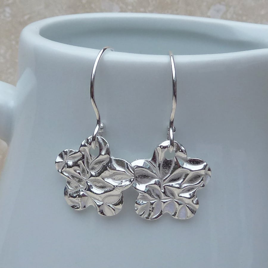 Fine Silver Patterned Flower Charm Earrings - SILV029
