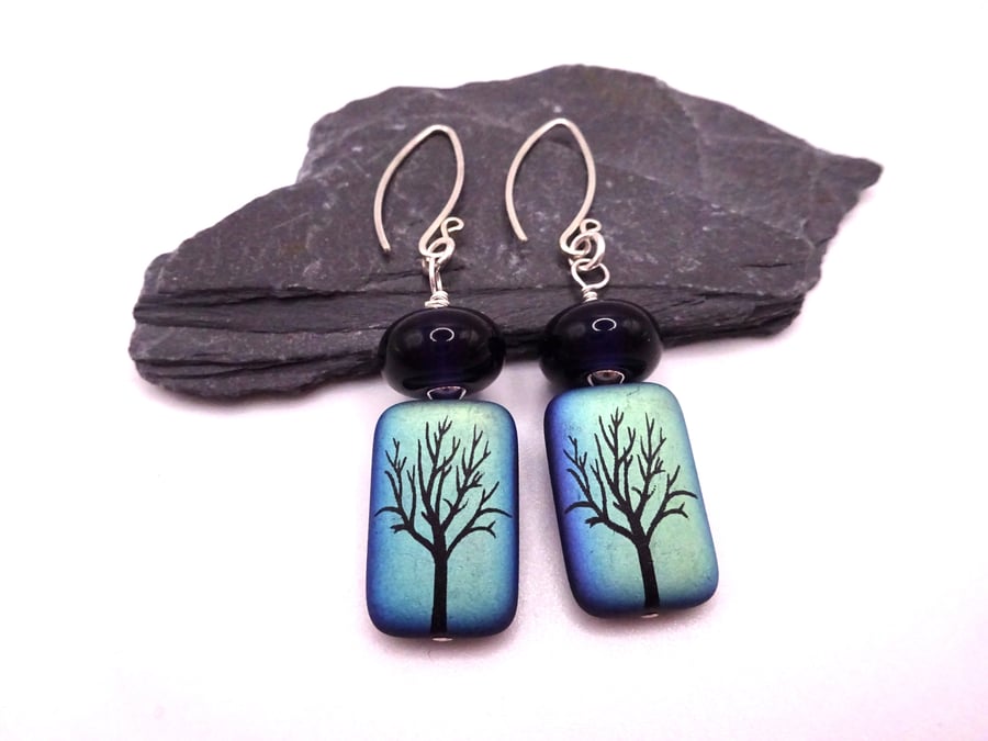 purple and blue lampwork glass tree earrings