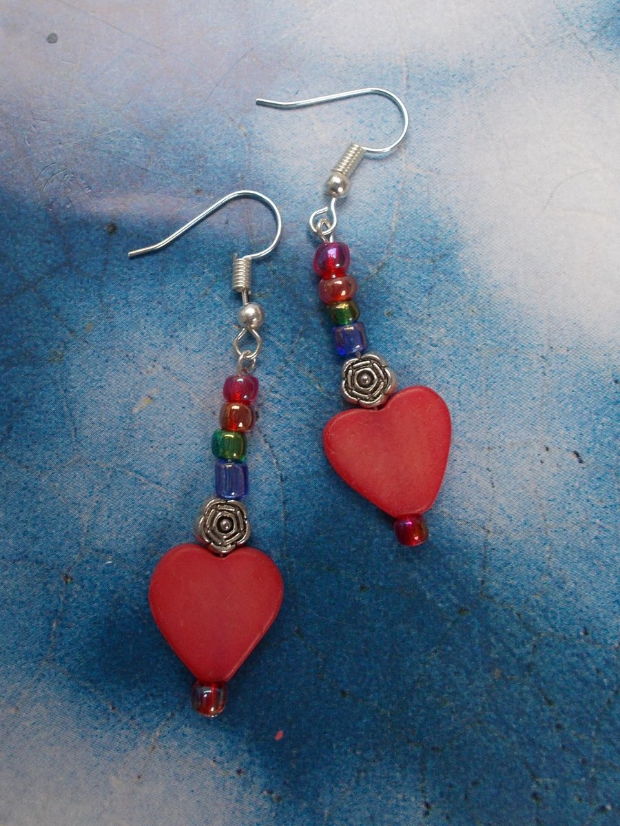 Red Wooden Hearts, Tibetan Silver Roses and Glass Bead Earrings