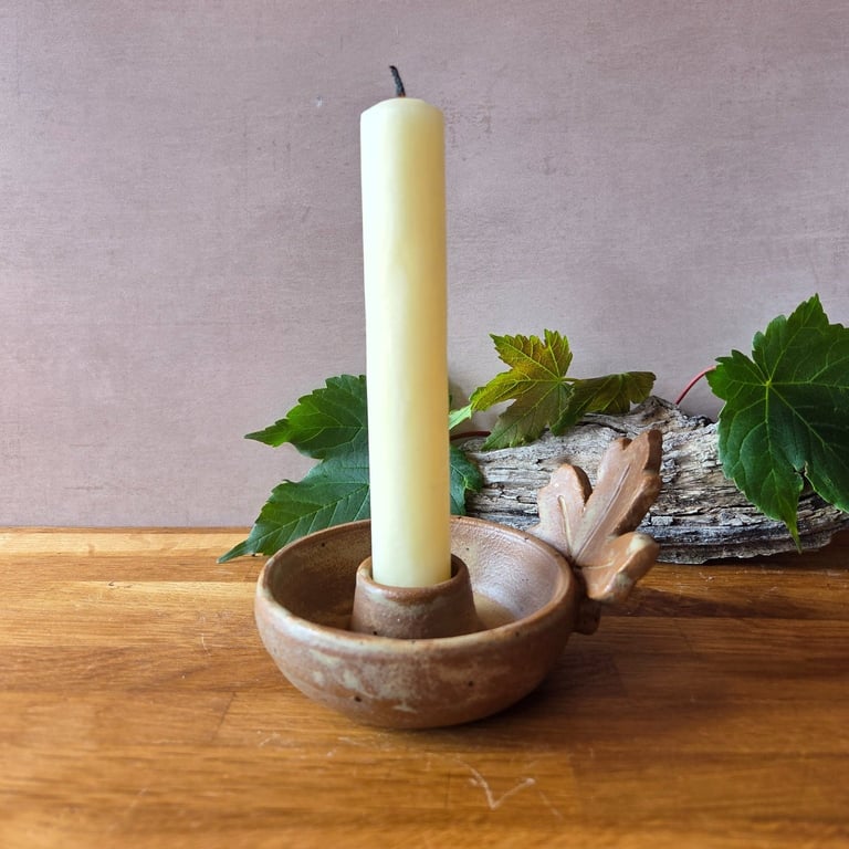 Woodland inspired Stoneware Candle Holders - Beige Sycamore leaf