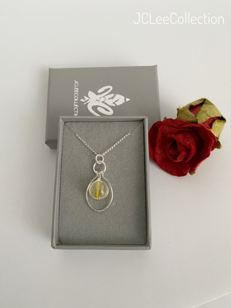 Citrine Pendant Necklace, Silver Wrapped Amber Round Stone With Silver Dangle