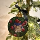 Hand Painted Mouse in Wreath Christmas Decoration 
