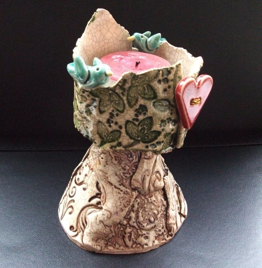 ceramic tea light holder with birds and heart