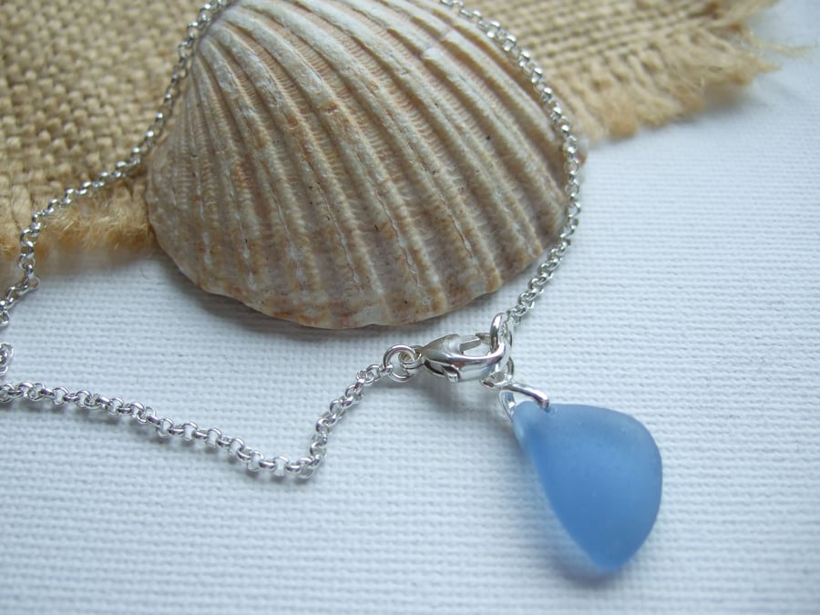 Blue Sea Glass Bracelet Sterling Silver 8" , Scottish Beach Glass Bracelet