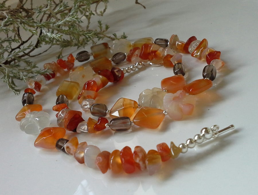 Carnelian & Smokey Quartz Necklace Silver Plated 