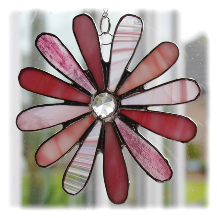 Pink Daisy Stained Glass Suncatcher Flower 12 petal pastel