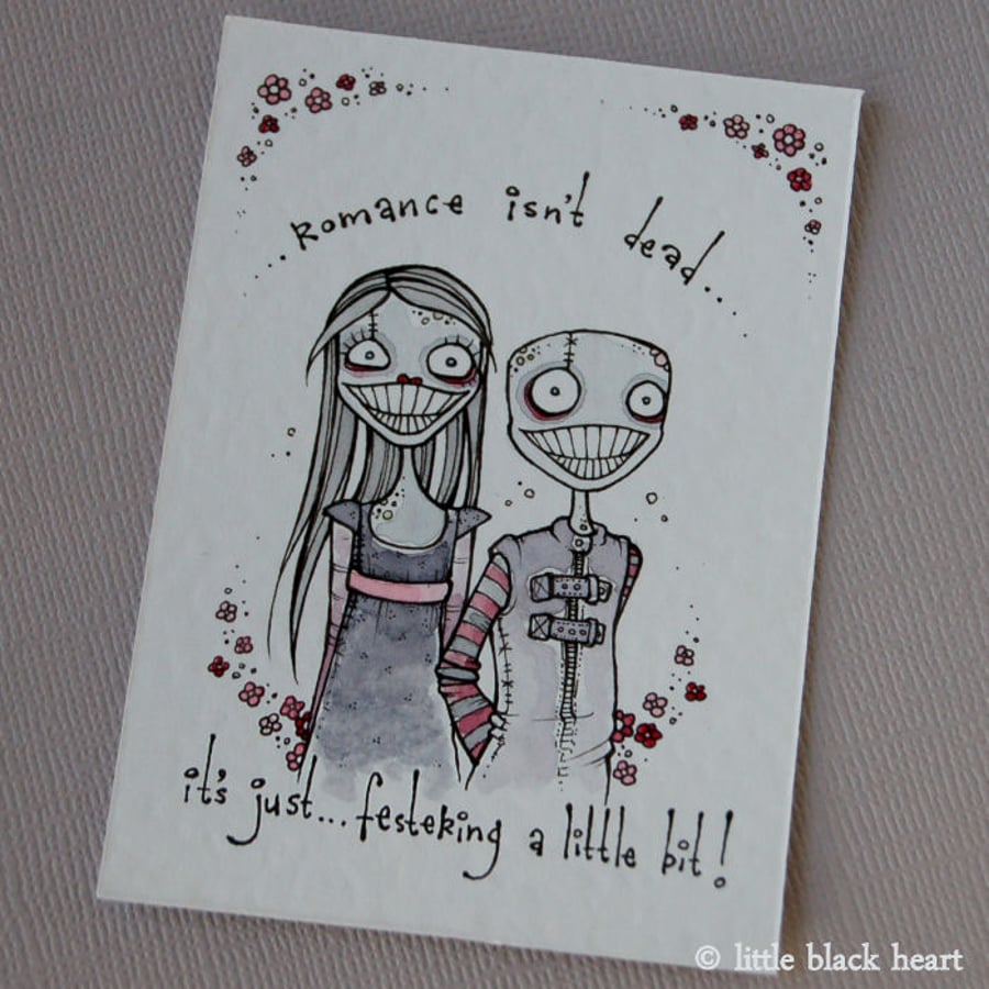 festering valentines zombie couple - original aceo