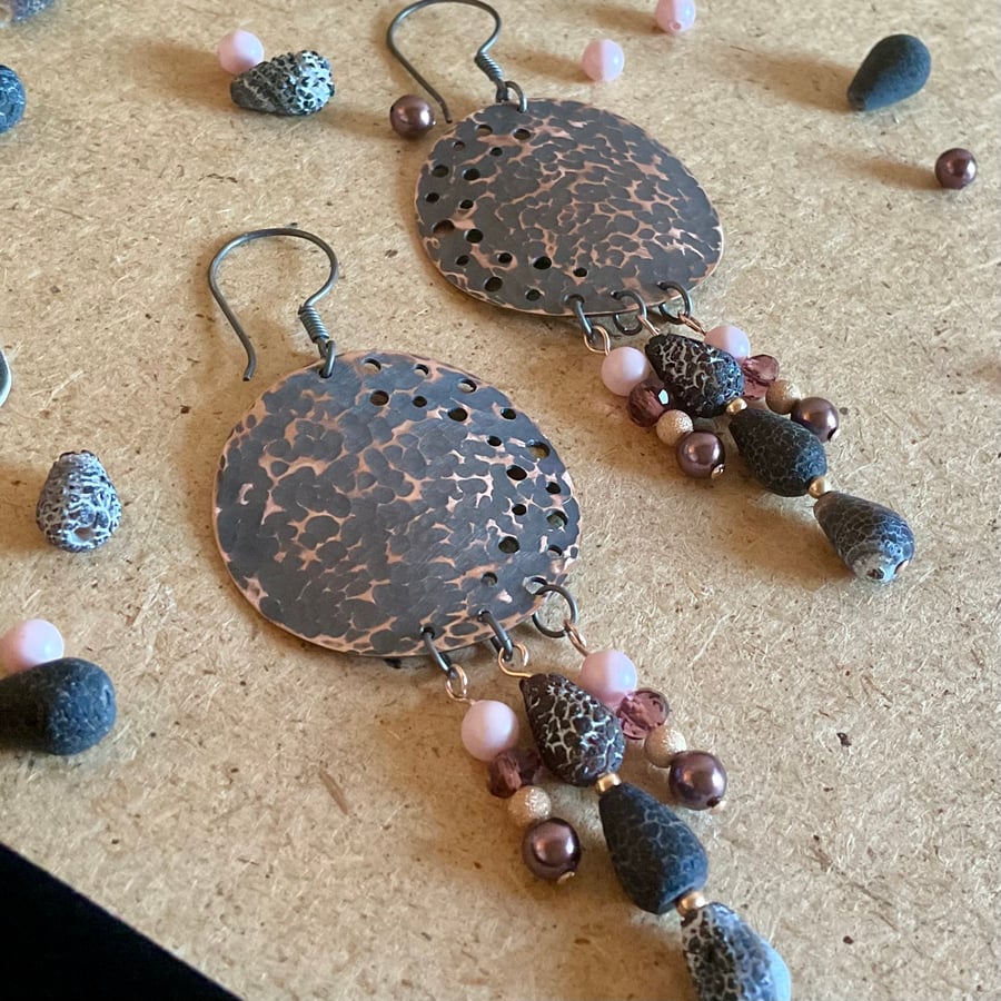  Oxidised copper, rose gold & agate boho earrings