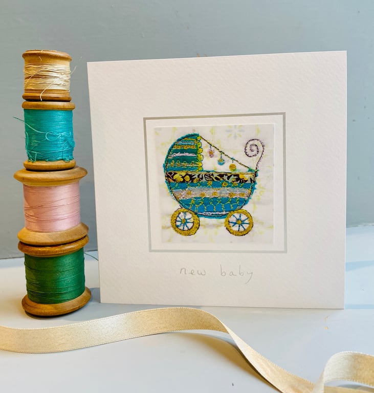 New Baby Blue Pram handmade card
