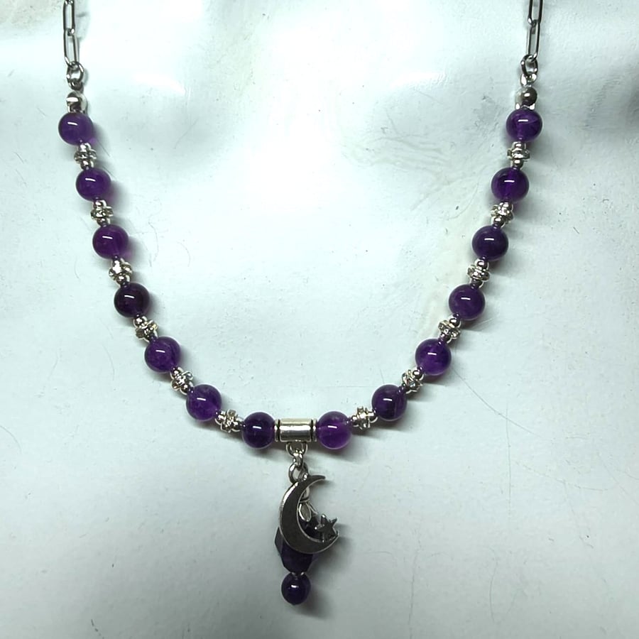 Image of Amethyst Moon Star Necklace Purple Gemstone Celestial Gift for Her UK Handmade
