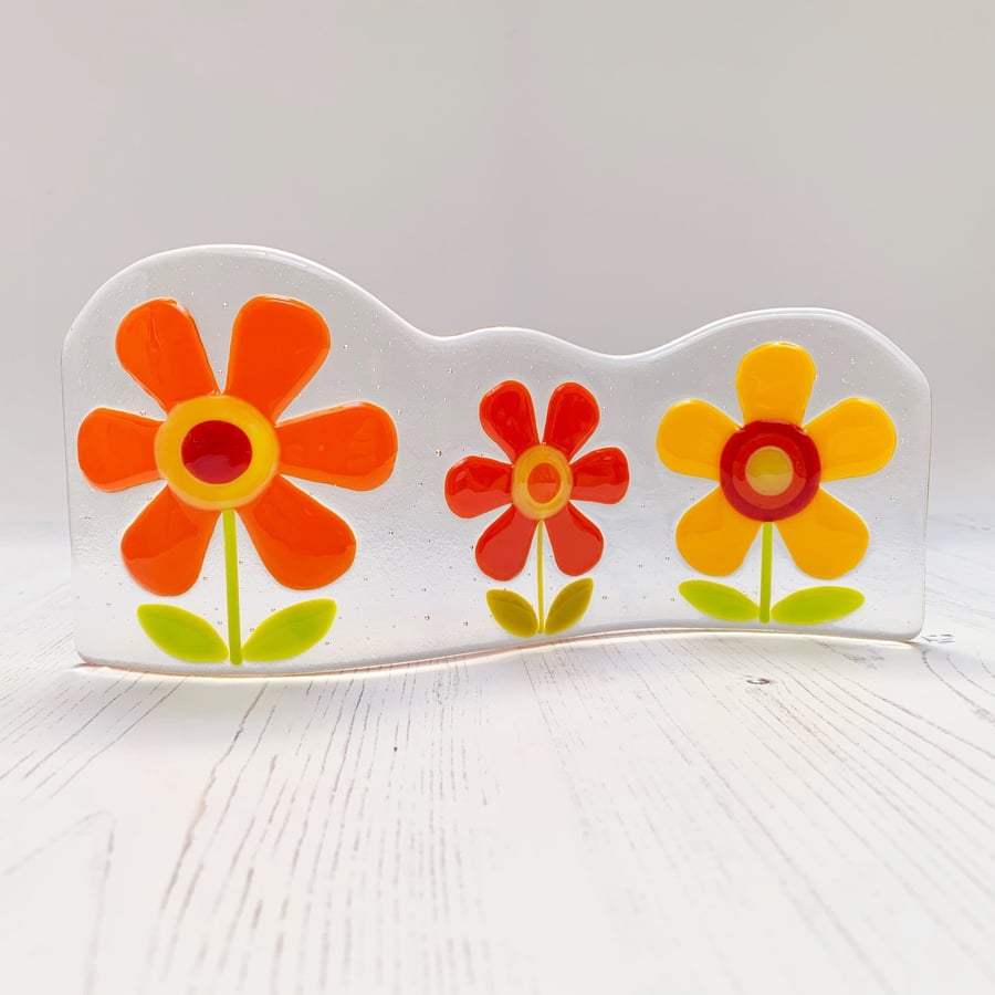 Fused Glass Warm Colour Retro Flowers Wave - Handmade Glass Sculpture