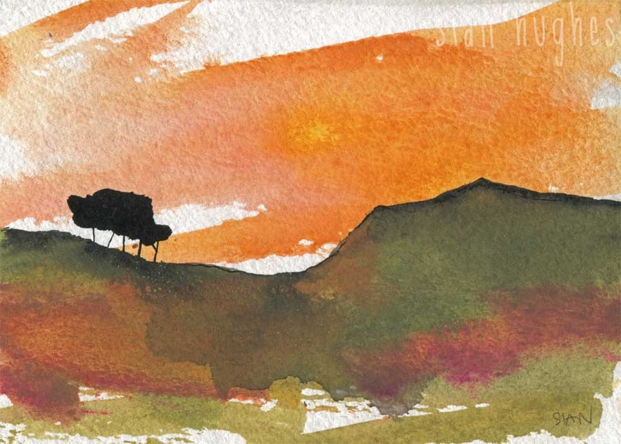 Peak District sunset painting - hill with trees