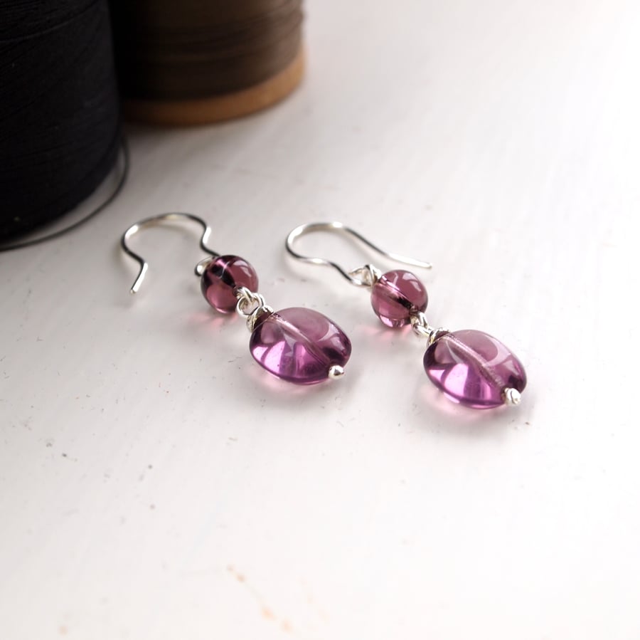 Silver Earrings With Purple Glass Drops