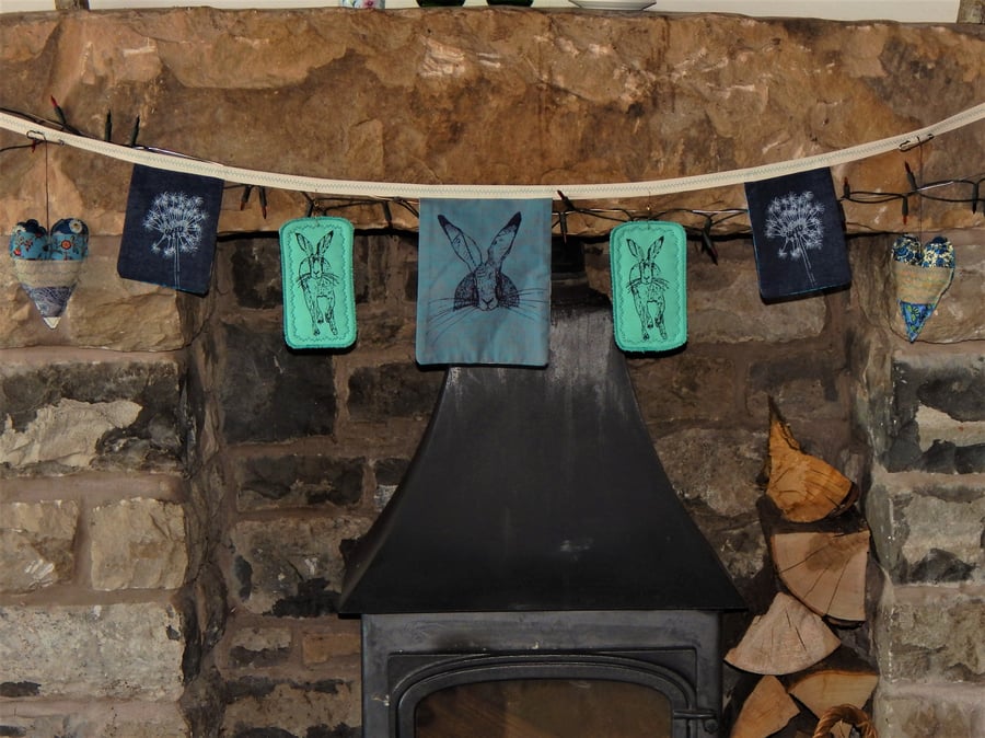 Hare and wild flower screen printed bunting 2 metres