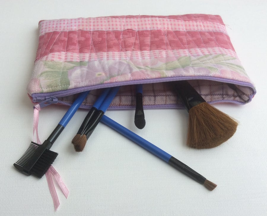 Make up bag, shabby chic, patchwork, quilted, recycled fabric