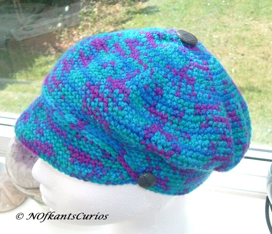 Turquoise Partie!  Crocheted Flat Cap in Turquoise, Teal & Purple!