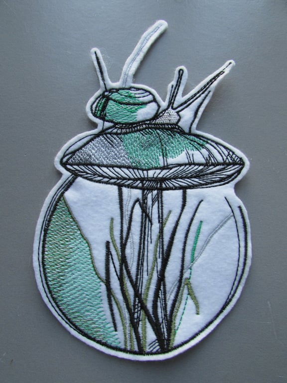 Snail on Mushroom Embroidered Sew on Applique Patch