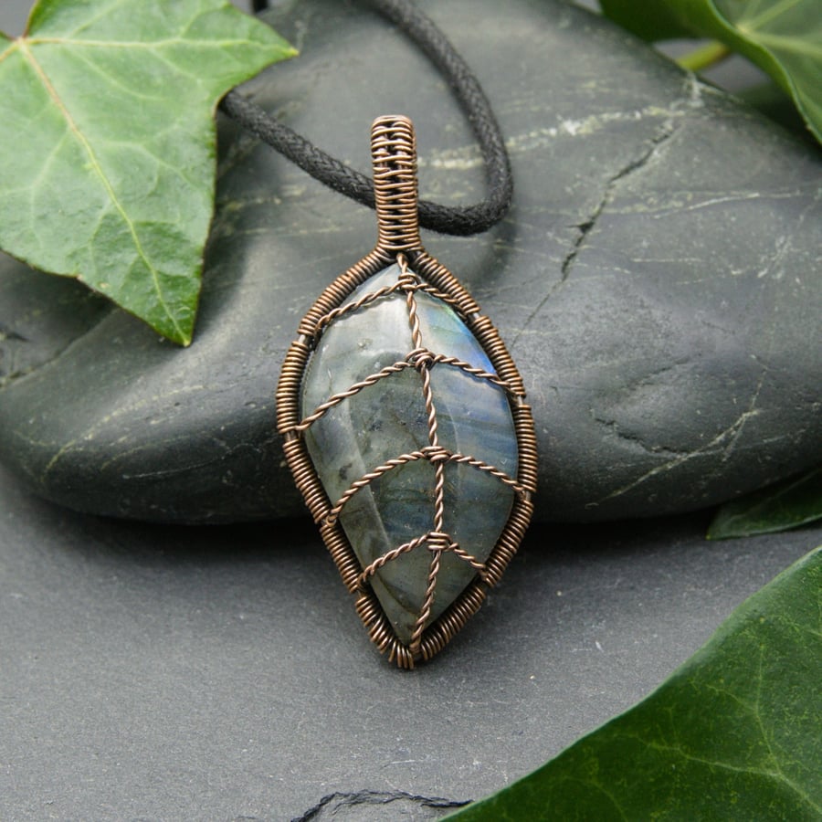 Copper Wire Wrapped Labradorite Leaf Pendant