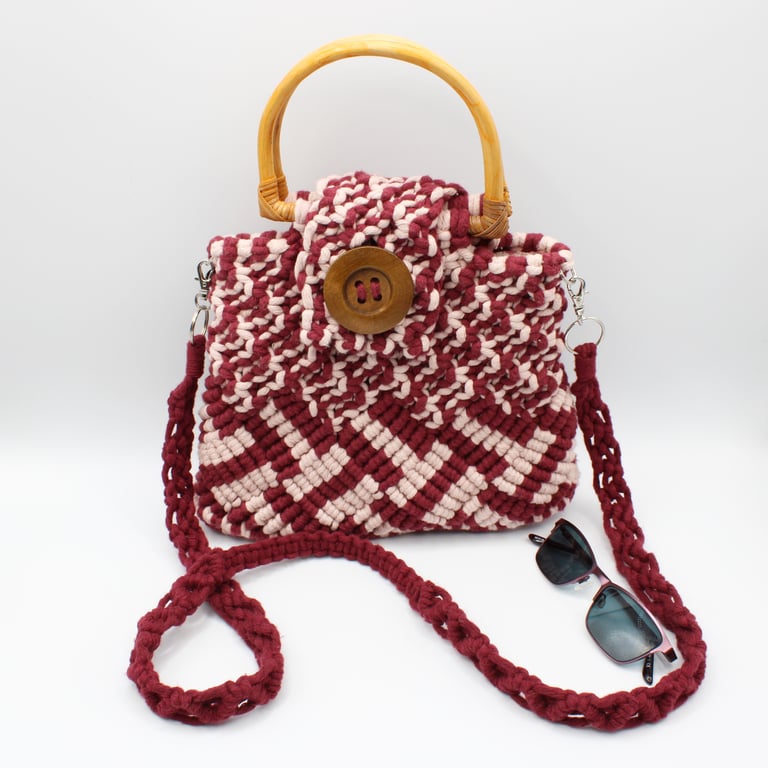  Burgundy Macrame Handbag with pink hearts liner - shoulder bag