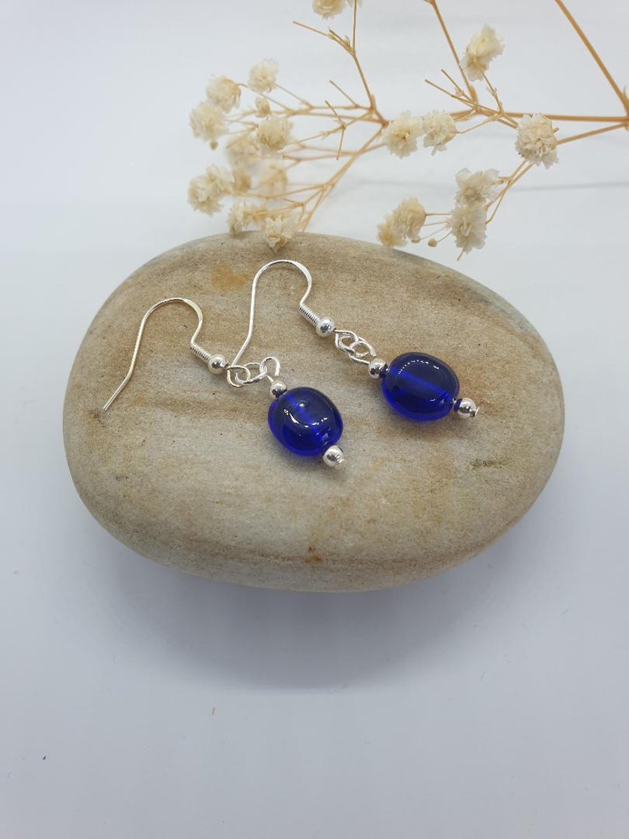 colbalt blue bristol blue glass bead earrings silver plated earrings boho style