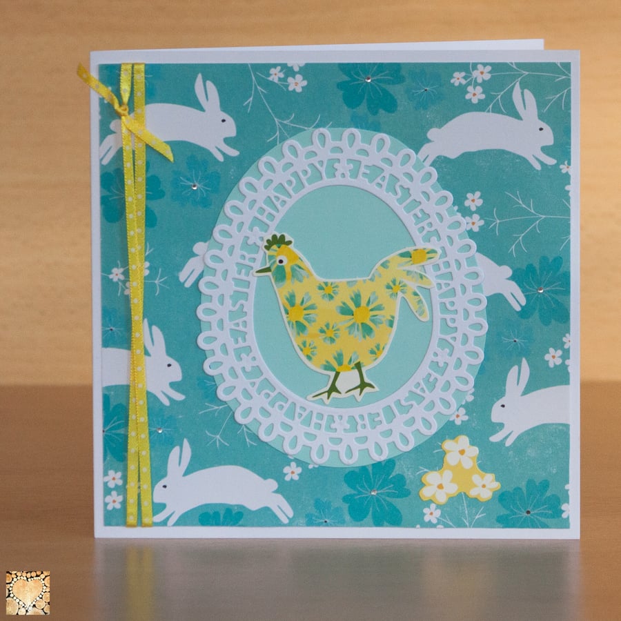Handmade Easter Card Hopping Rabbits and Chicken