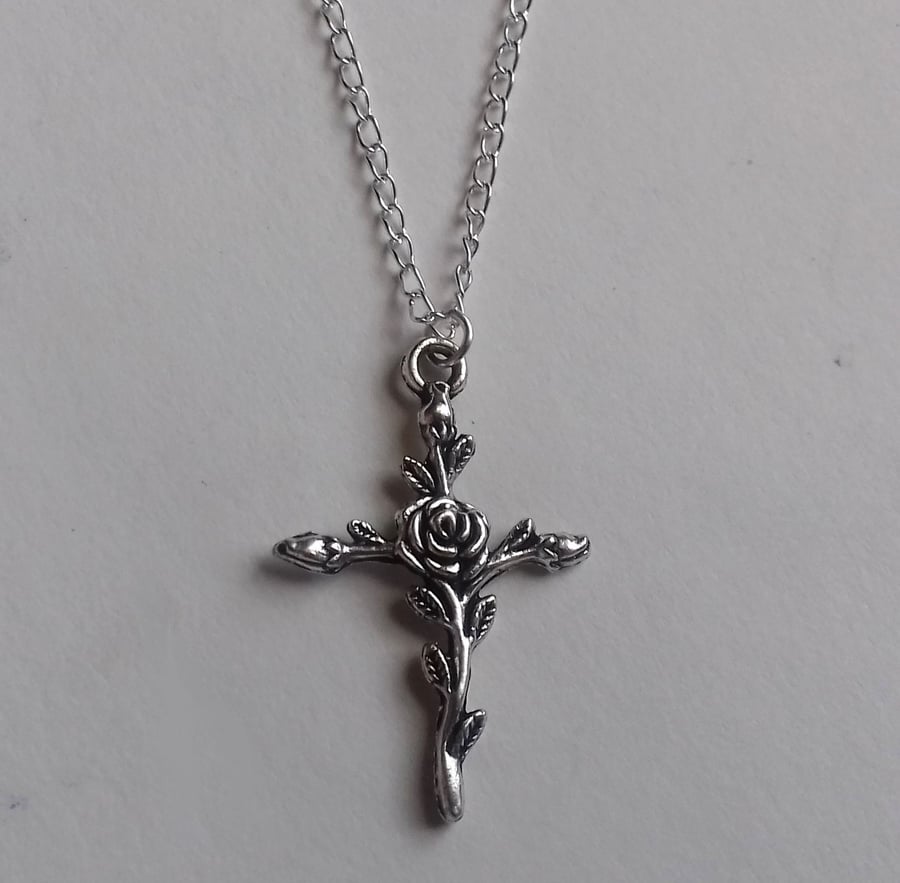 Silver Plate Gothic Rose Cross Chain Necklace