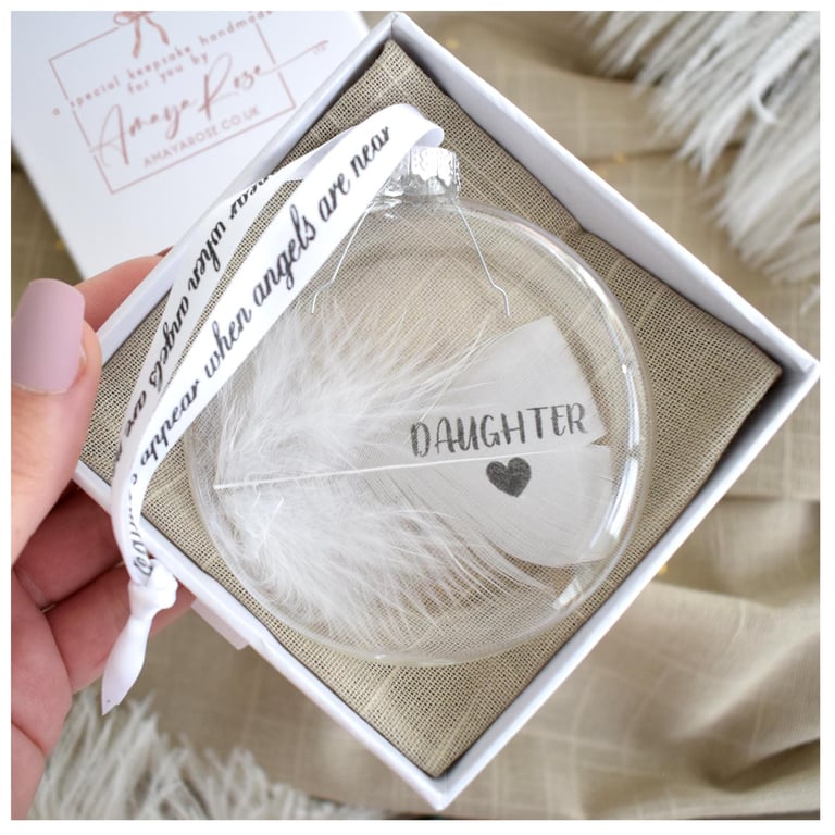 Daughter Memorial Round Feather Bauble, In Memory of Daughter, Round Glass Chris