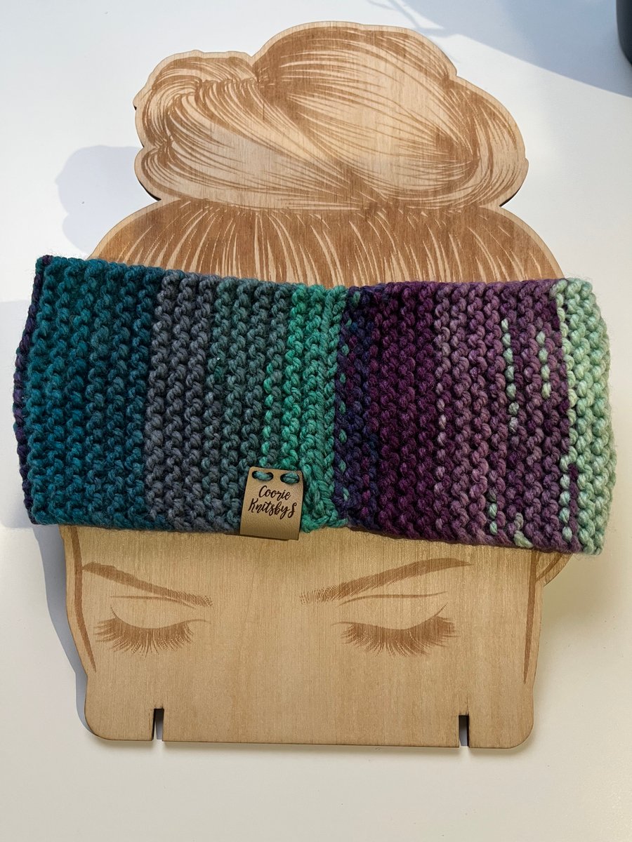 Purple, Green and Teal ear warmer 52cms x 9cms super thick wool handknitted 