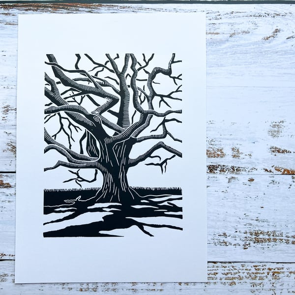 Gnarly oak tree lino print