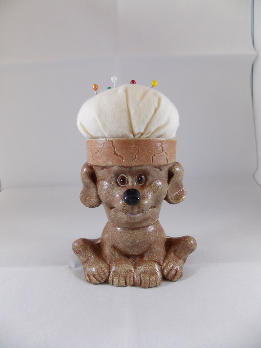 Ceramic Hand Painted Dog Figurine Animal Sewing Needlework Craft Pin Cushion.
