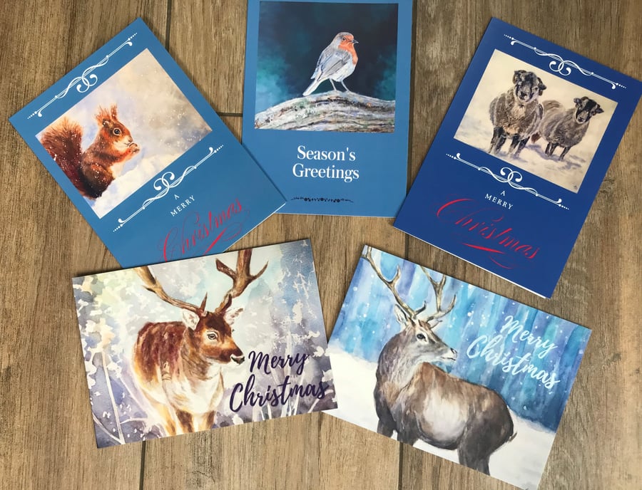 Pack of five large Christmas cards designed by British artist