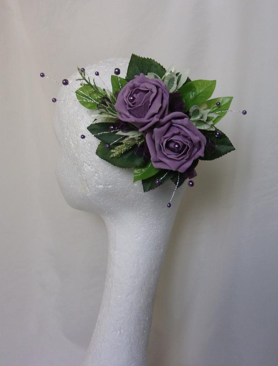 Retro Dark Lilac Purple Rose & Foliage Wedding Fascinator Comb