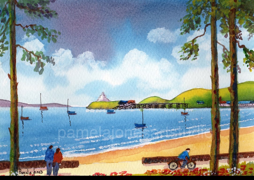 Cycling To Mumbles, Swansea Bay, Original Watercolour, in 14 x 11 '' Mount