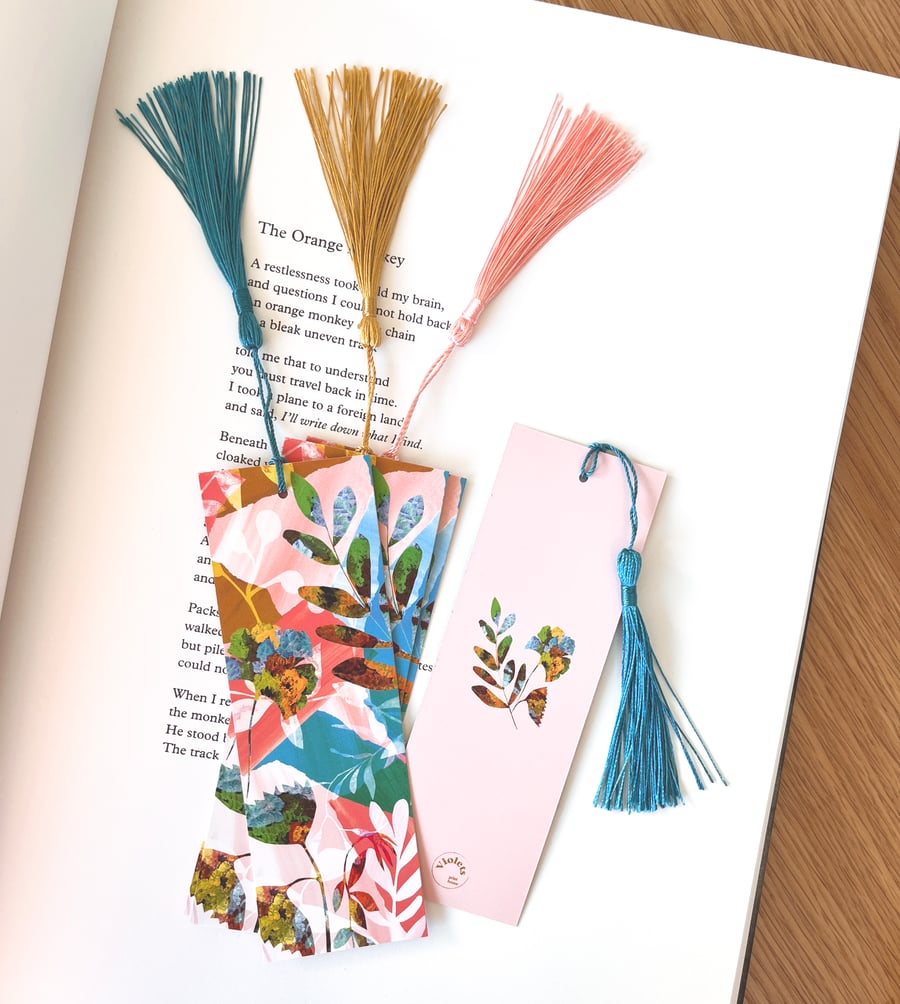 Pink and Blue Floral Bookmark with Tassel
