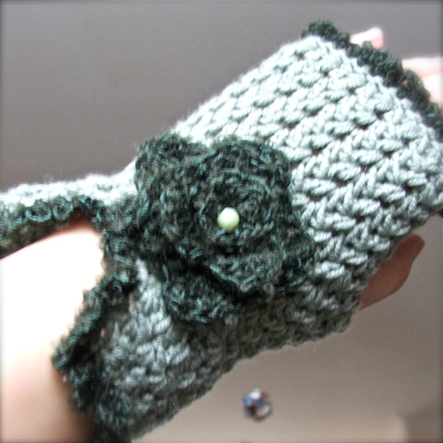 Fingerless Crochet Mittens With A Flower - SAGE GREEN with a pearl