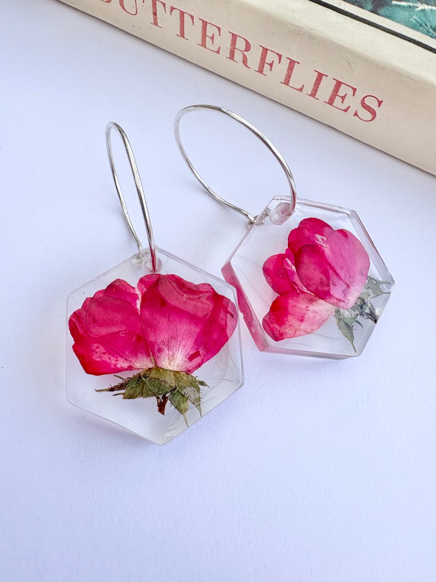 Red real flower earrings on handmade silver hoop